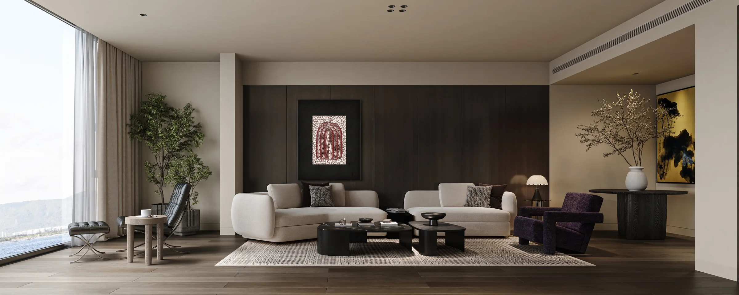 Contemporary living and dining room overlooking the river