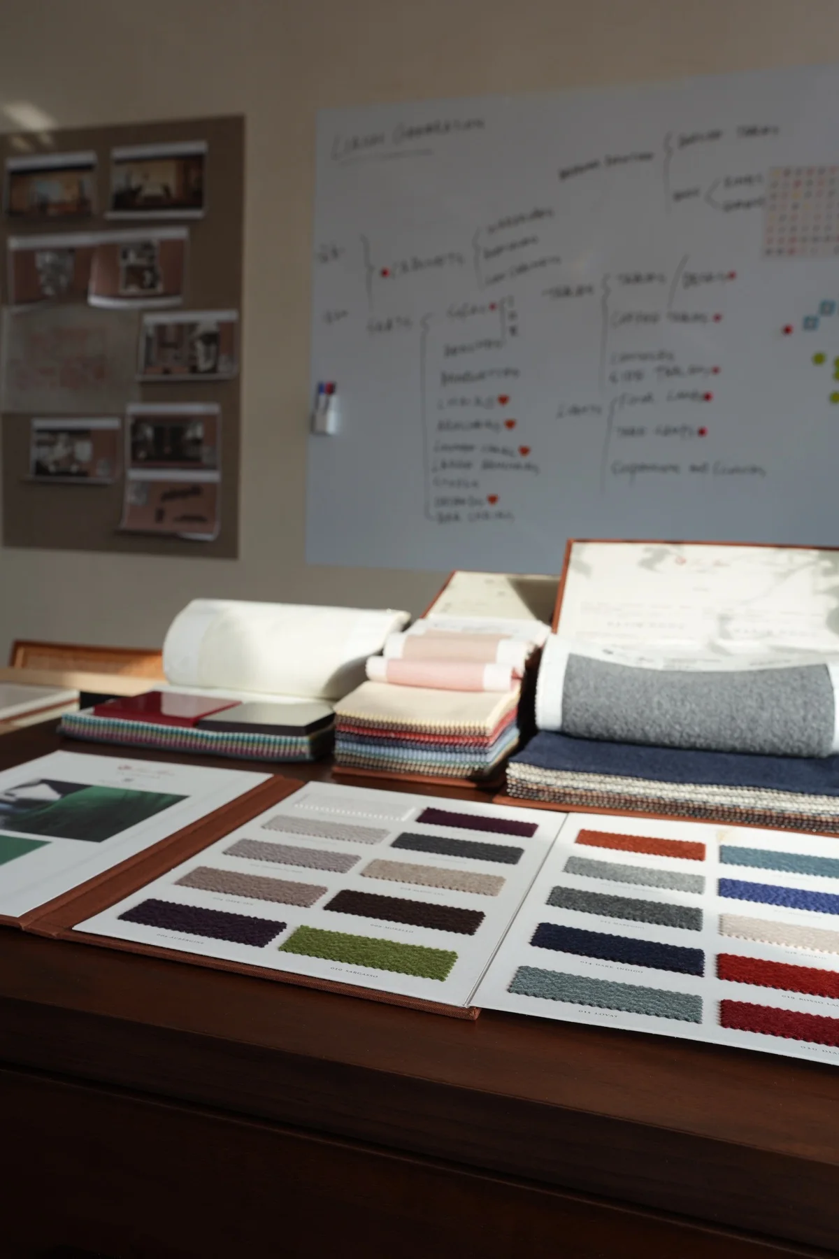 Material samples and design development boards in the LIRICH STUDIO workspace