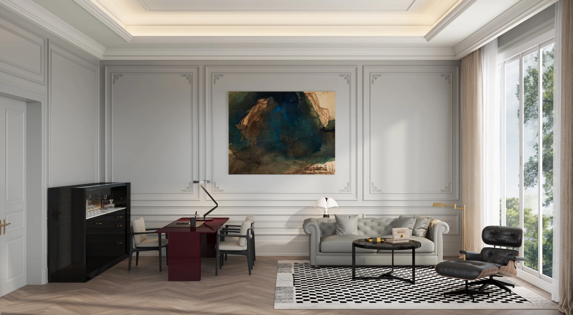 Refined study furnished with a sculptural desk, sofa and lounge chair