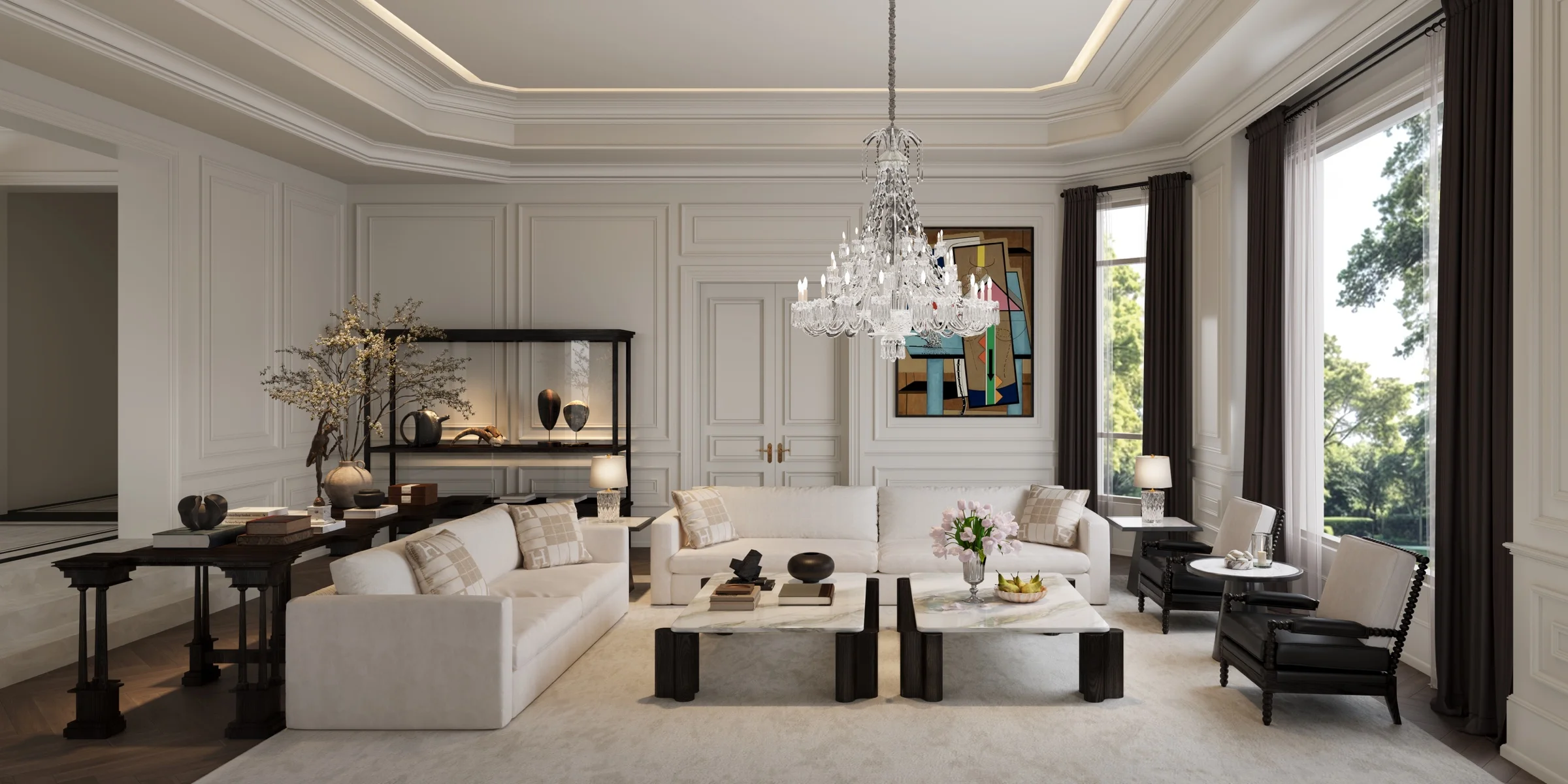 Elegant light-filled living room with bespoke furnishings