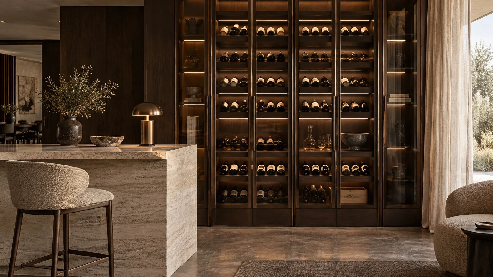 Bespoke walnut wine cabinet with coordinated stone finishes, furniture and lighting