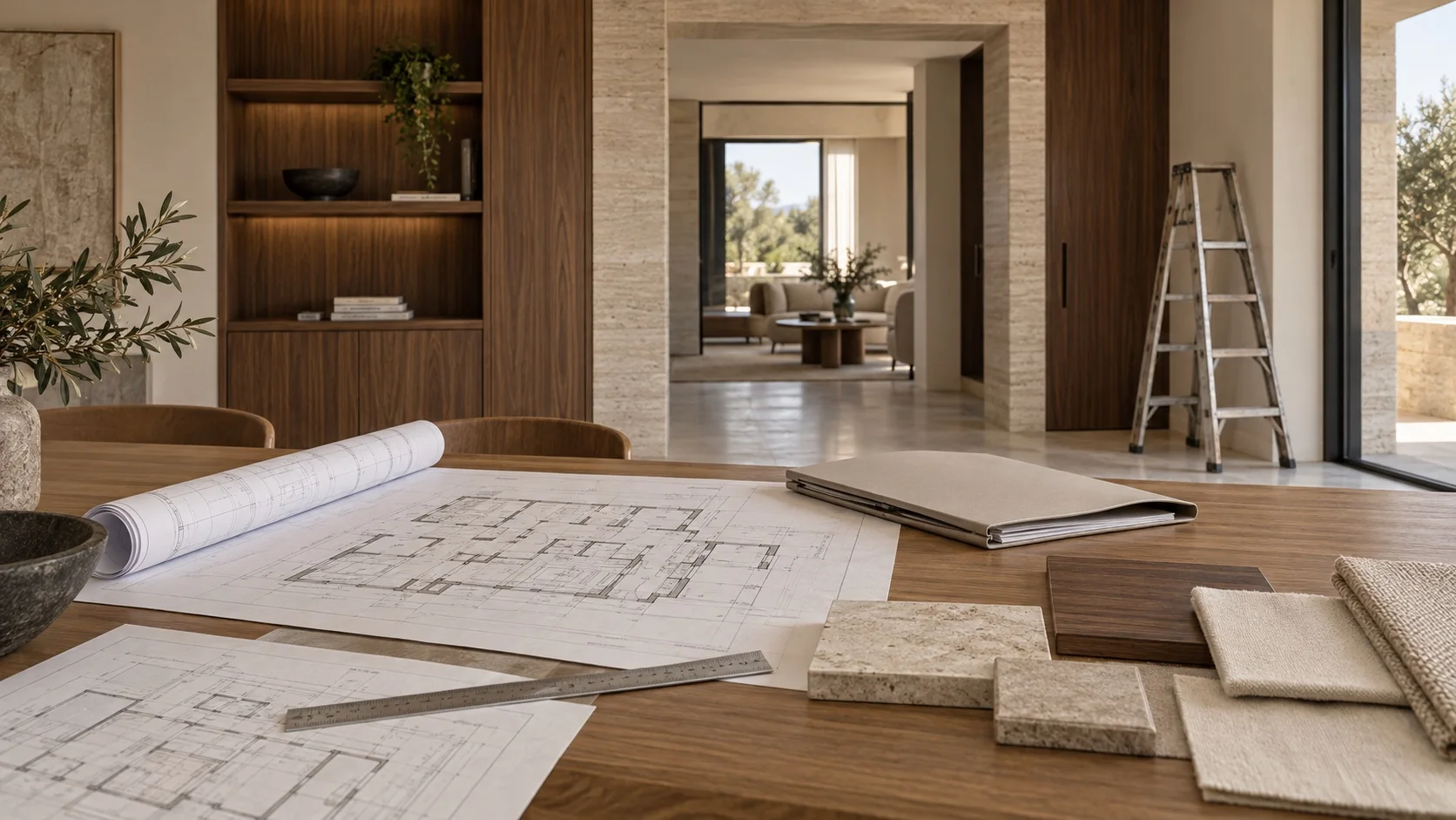 Architectural plans and material samples coordinated on site during final interior installation